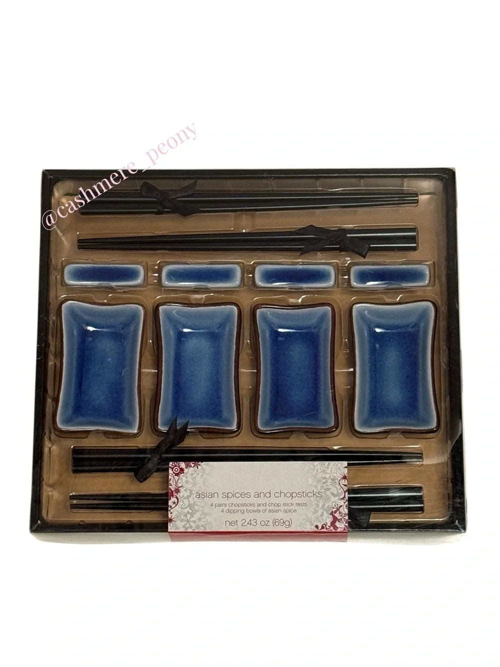 Blue Ceramic Asian Soy Sauce 4 Dipping Bowls and 4 Chopsticks with 4 Rests